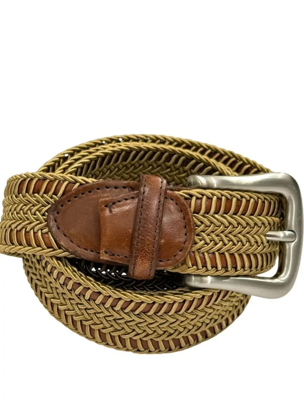 Torino Men's Belt Braided Leather Adjustable Brown Tan Silver Buckle USA Size 38